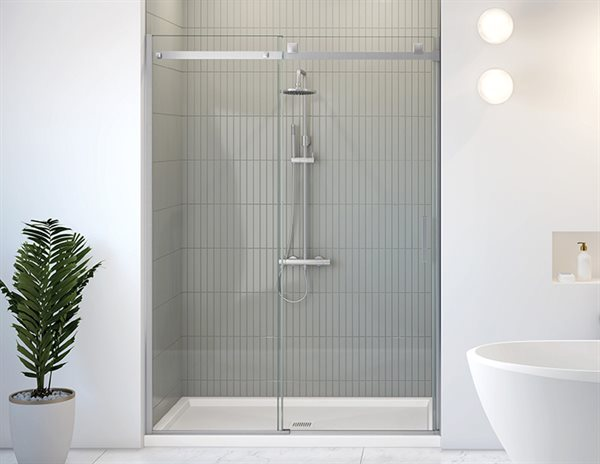 fleurco skyline sliding shower door brushed nickel