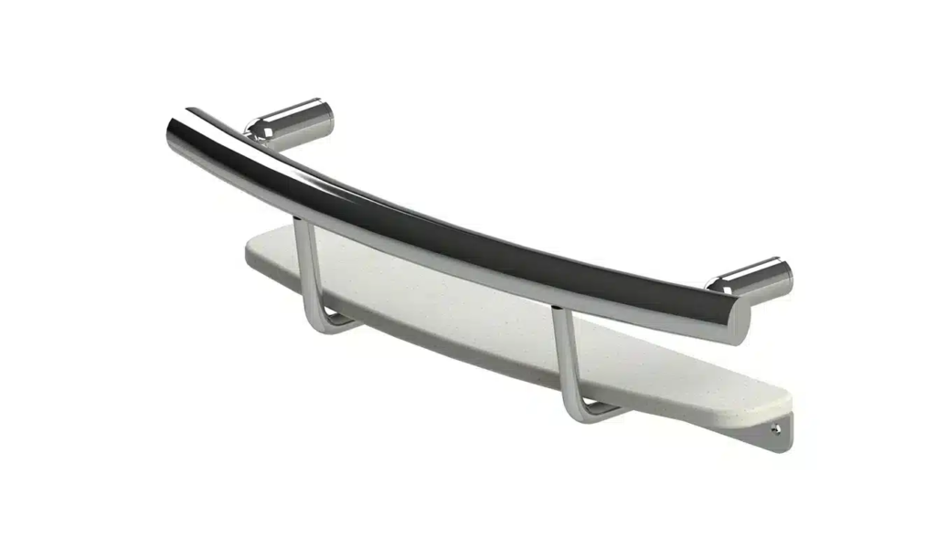 combination grab bar/shampoo shelf
